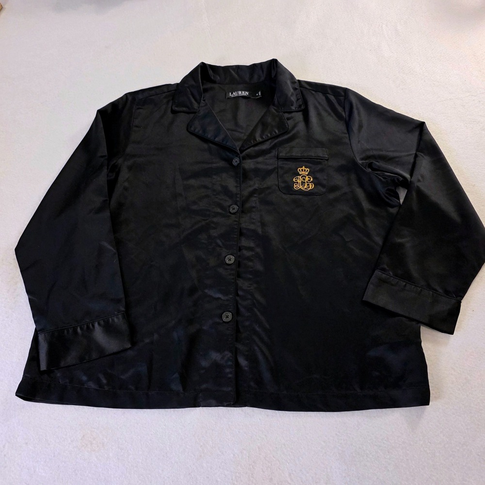 Lauren Ralph Lauren Black Satin Pajama Top Embroidered Crest Plus Size 1X